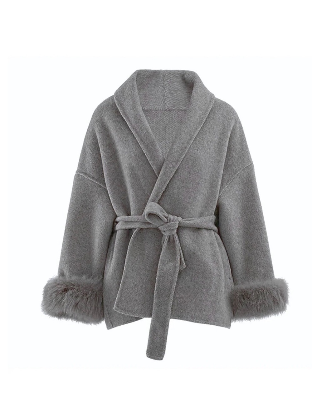 Wool Gray REAL -Fur Trim Wrap Coat with Belt ๐ค๐๐ - Picture 7 of 16